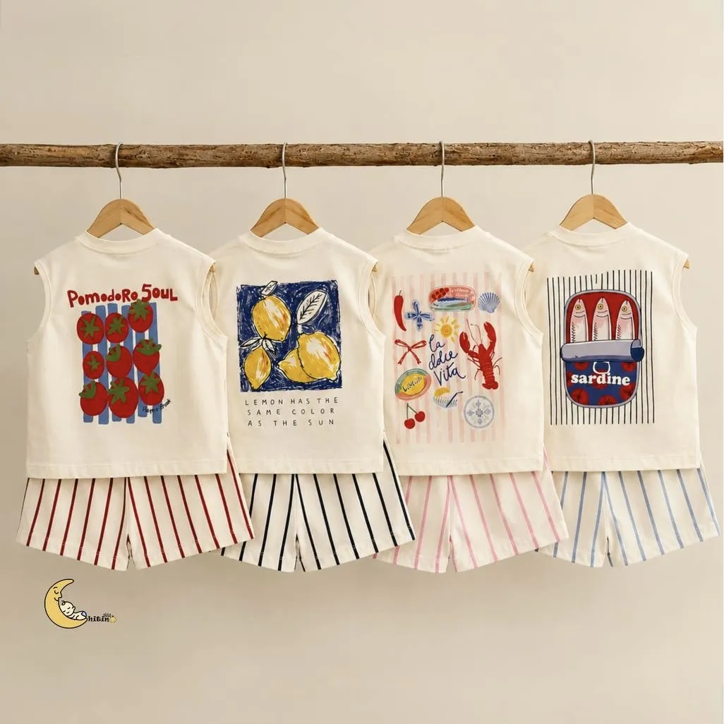 تاپ و شلوارک نخی دخترانه و پسرانه طرح راه راه تابستانی سایز 2 تا 6 سال